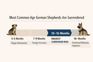 Graphic showing German Shepherds are most commonly surrendered between 10 and 16 months of age