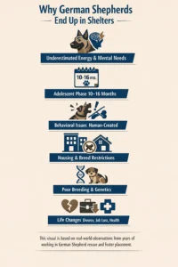 Infographic showing the most common reasons German Shepherds end up in shelters and rescues
